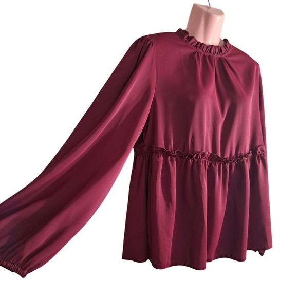 Shein Women's Maroon Blouse Long Sleeve Round Neck Ruffle Size 8/10 - Picture 2 of 9